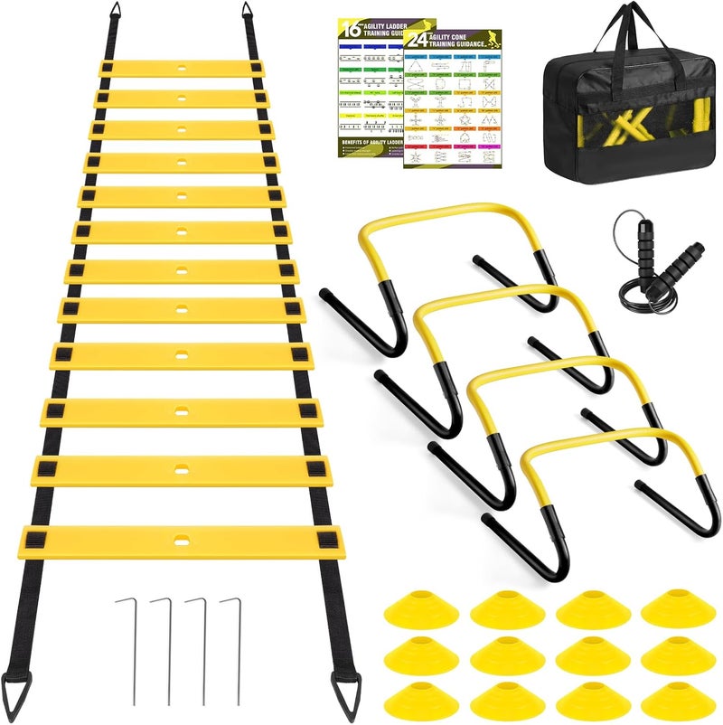 BORNEW Agility Speed Training Equipment Set, Football Practise Set with 20ft Agility Ladder, 12 Cones, 4 Adjustable Hurdles, Jump Rope, Parachute, for Basketball, Soccer, Football, Kids, Youth, Adults - Image 1